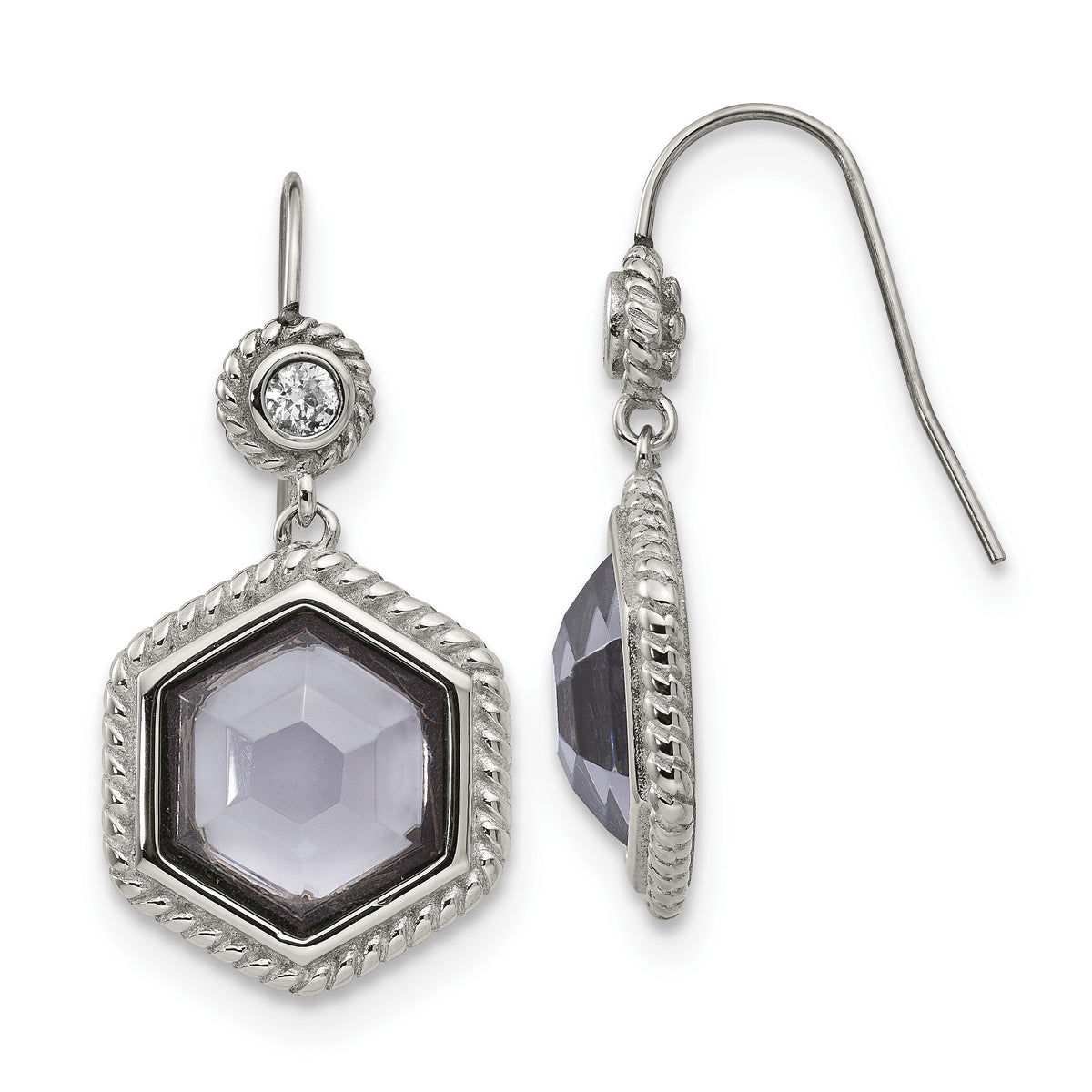 Chisel Stainless Steel Antiqued and Polished with Grey Glass and CZ Shepherd Hook Earrings