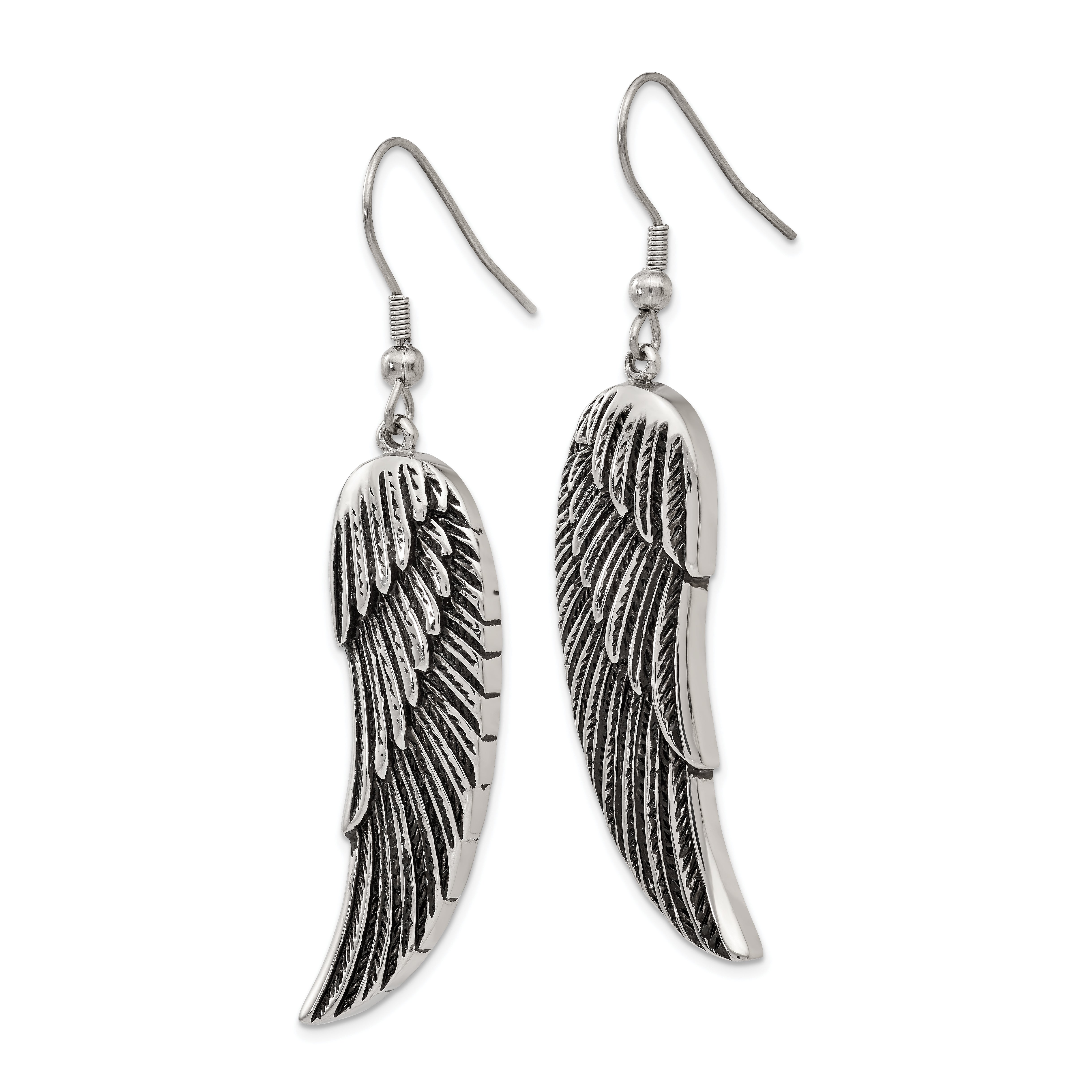 Chisel Stainless Steel Antiqued and Polished Wing Dangle Shepherd Hook Earrings