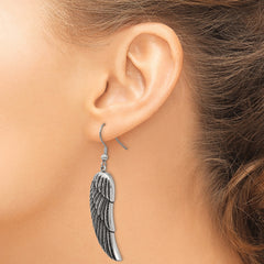 Chisel Stainless Steel Antiqued and Polished Wing Dangle Shepherd Hook Earrings