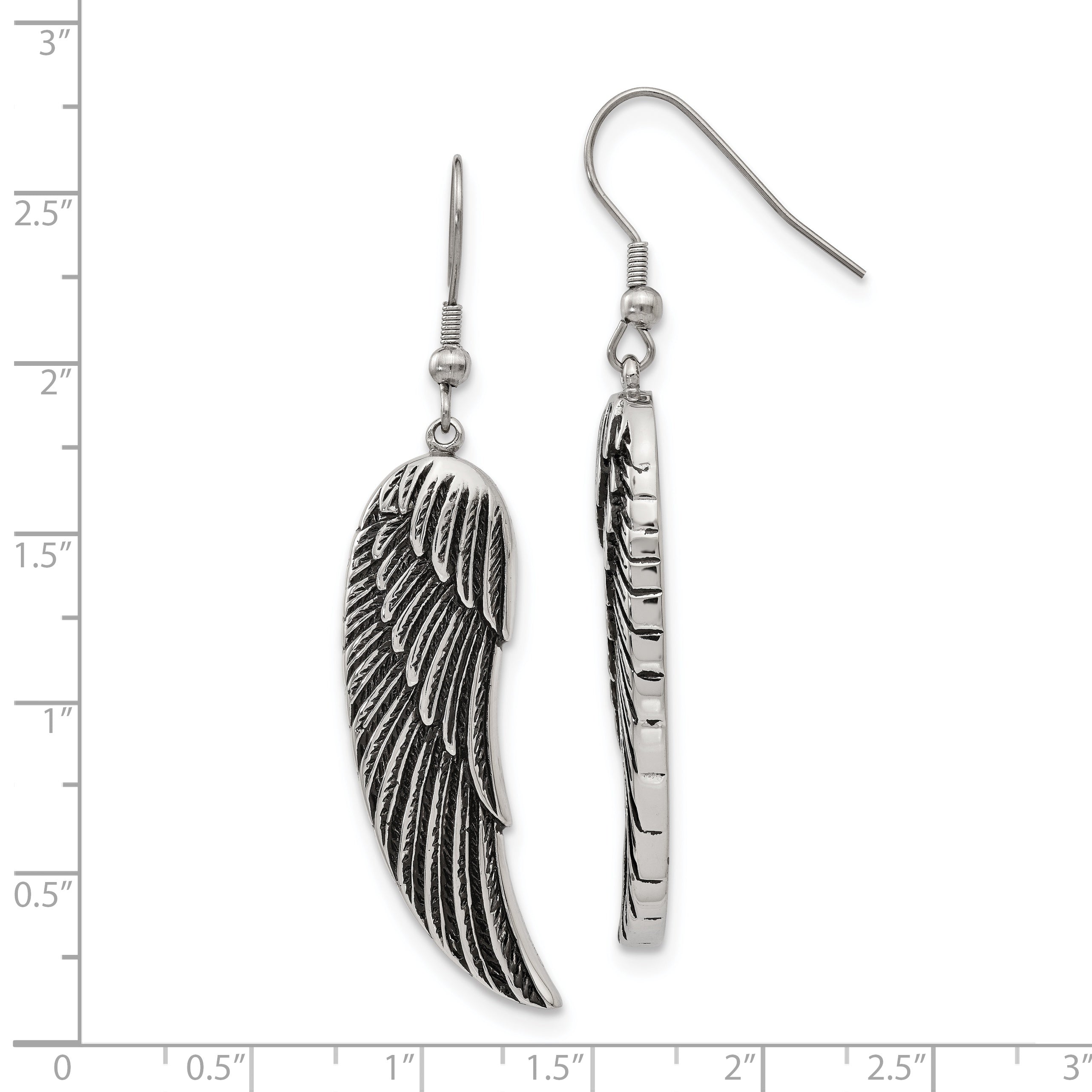 Chisel Stainless Steel Antiqued and Polished Wing Dangle Shepherd Hook Earrings