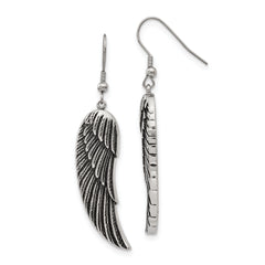 Chisel Stainless Steel Antiqued and Polished Wing Dangle Shepherd Hook Earrings