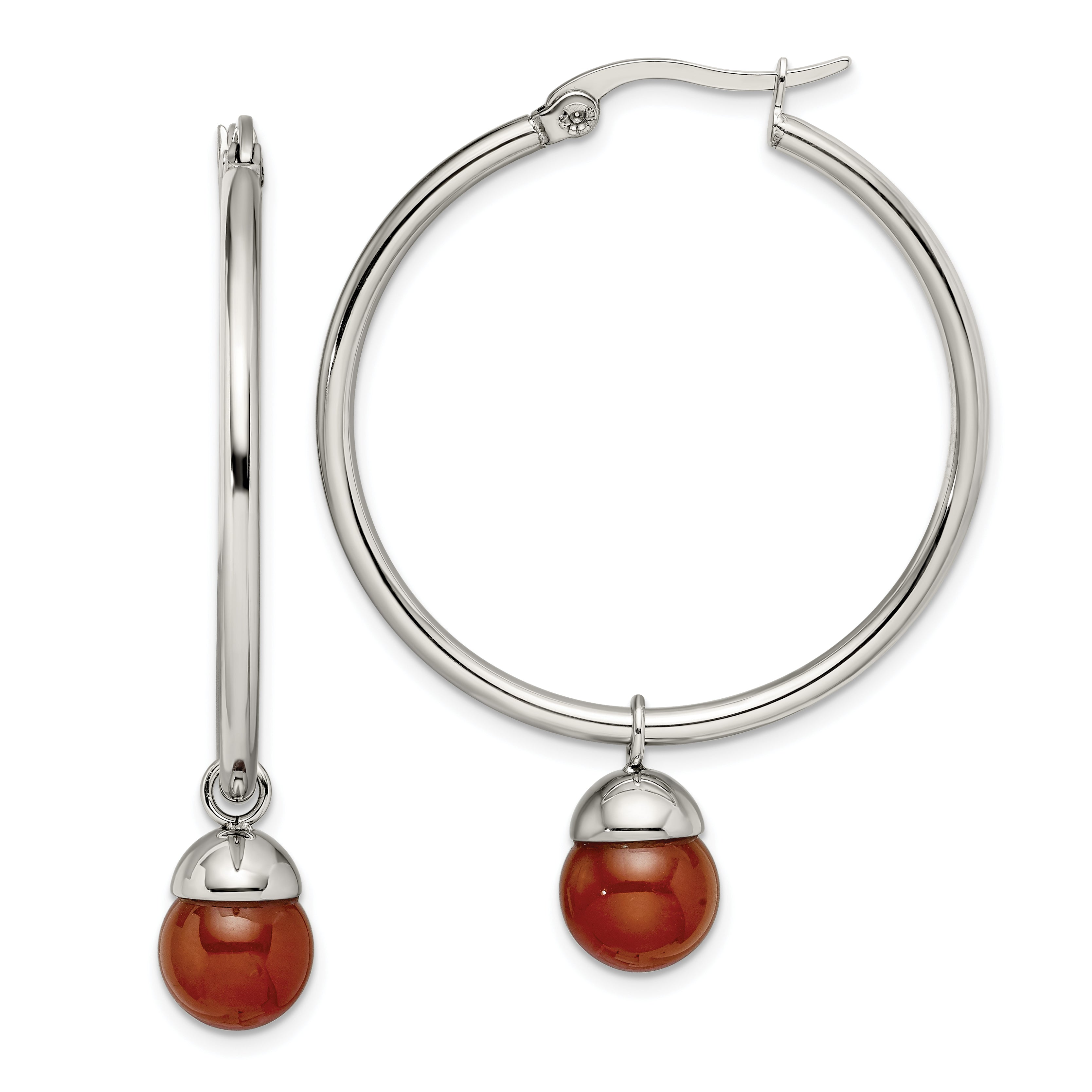 Chisel Stainless Steel Polished with Red Agate Dangle Hoop Earrings