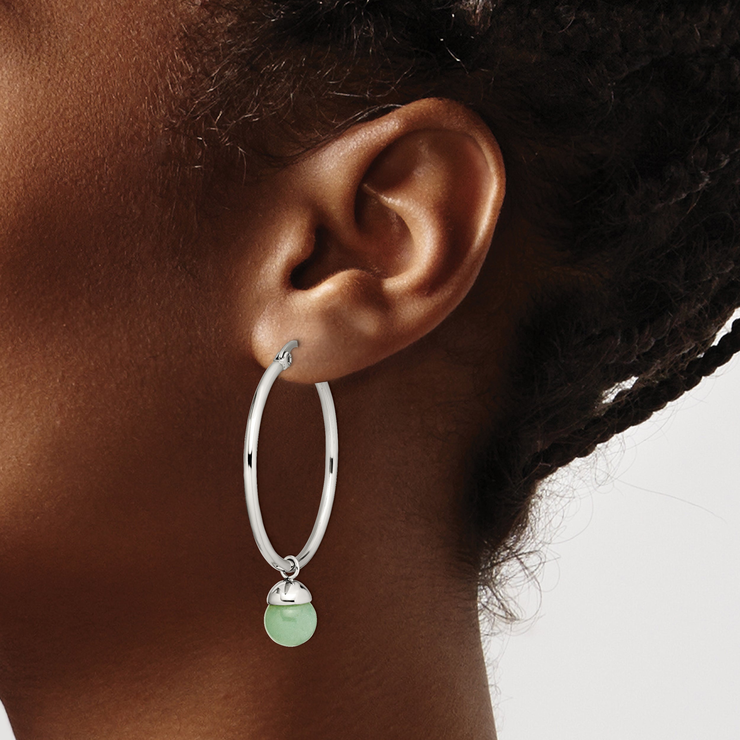 Chisel Stainless Steel Polished with Green Aventurine Dangle Hoop Earrings