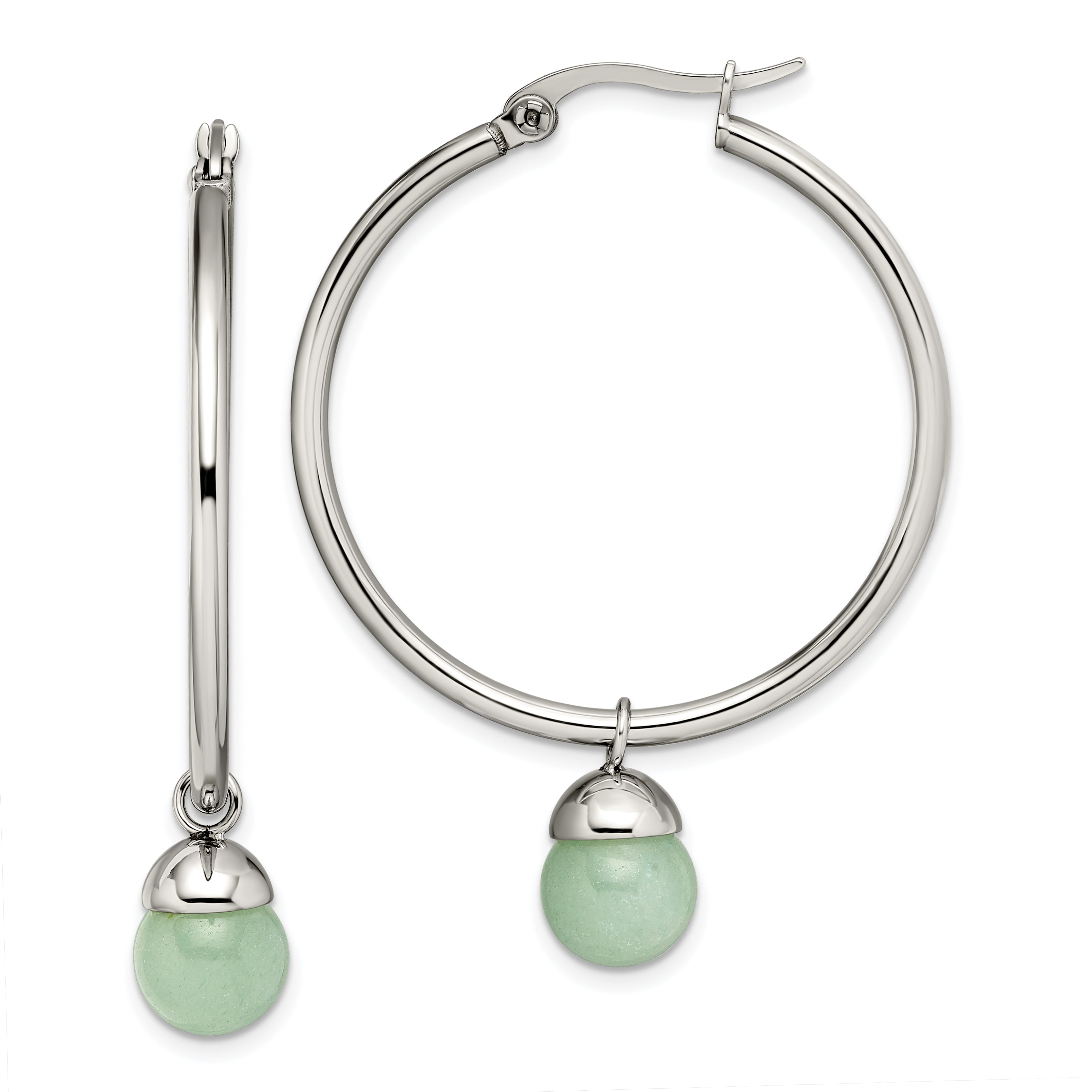 Chisel Stainless Steel Polished with Green Aventurine Dangle Hoop Earrings