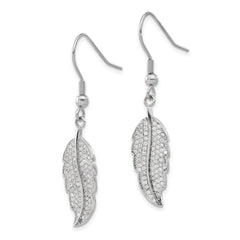 Stainless Steel Polished CZ Leaf Shepherd Hook Dangle Earrings