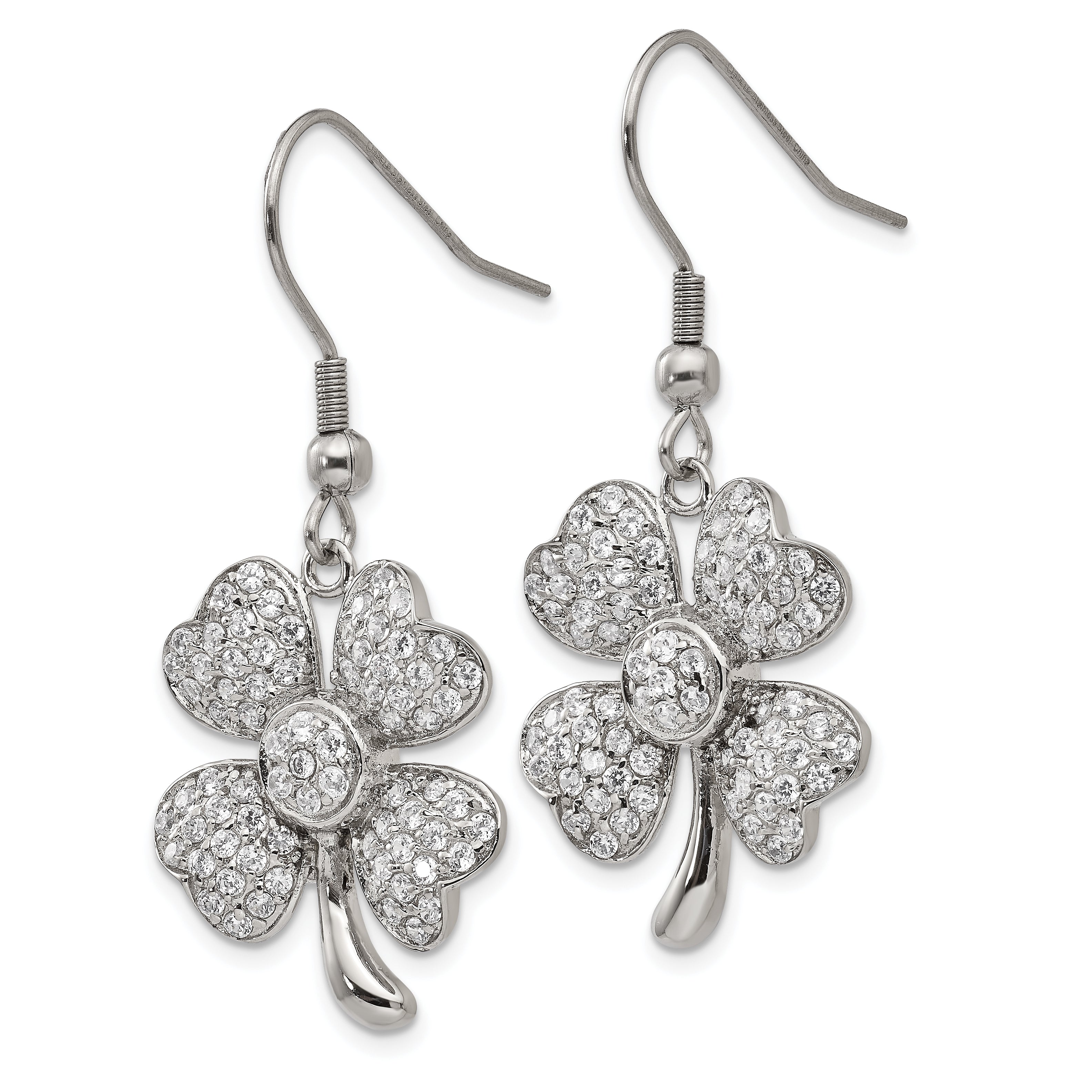 Sophia Jewelers Stainless Steel Clover CZ Dangle Earrings with Polished Finish