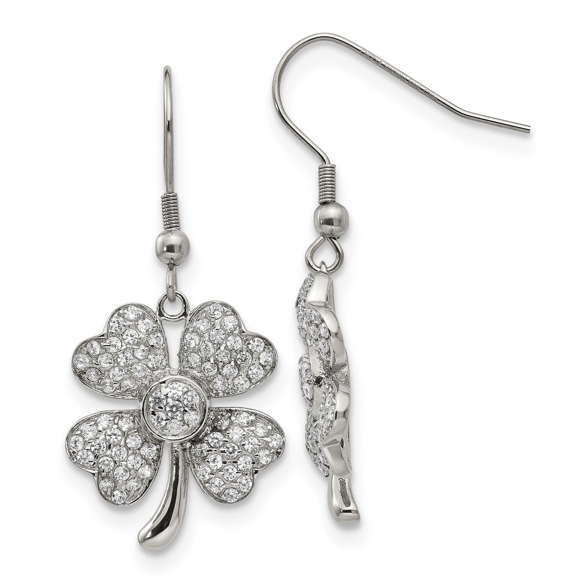 Chisel Stainless Steel Polished with CZ 4-Leaf Clover Dangle Shepherd Hook Earrings