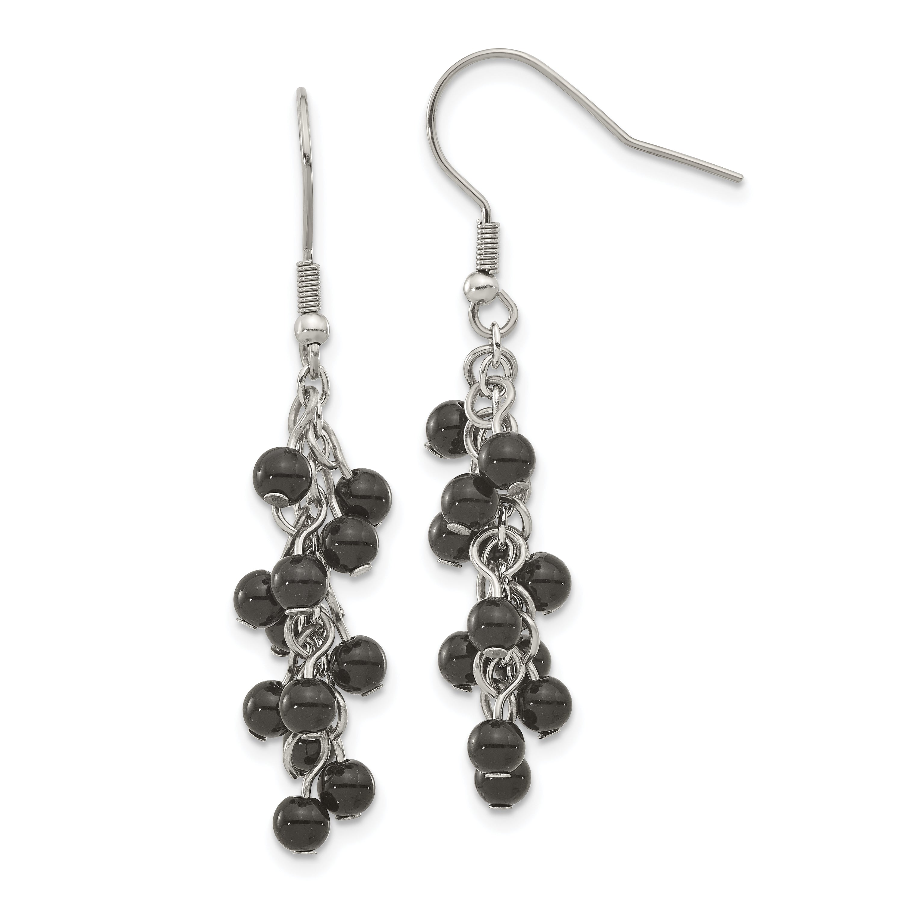 Stainless Steel Polished Black Agate Cluster Dangle Earrings