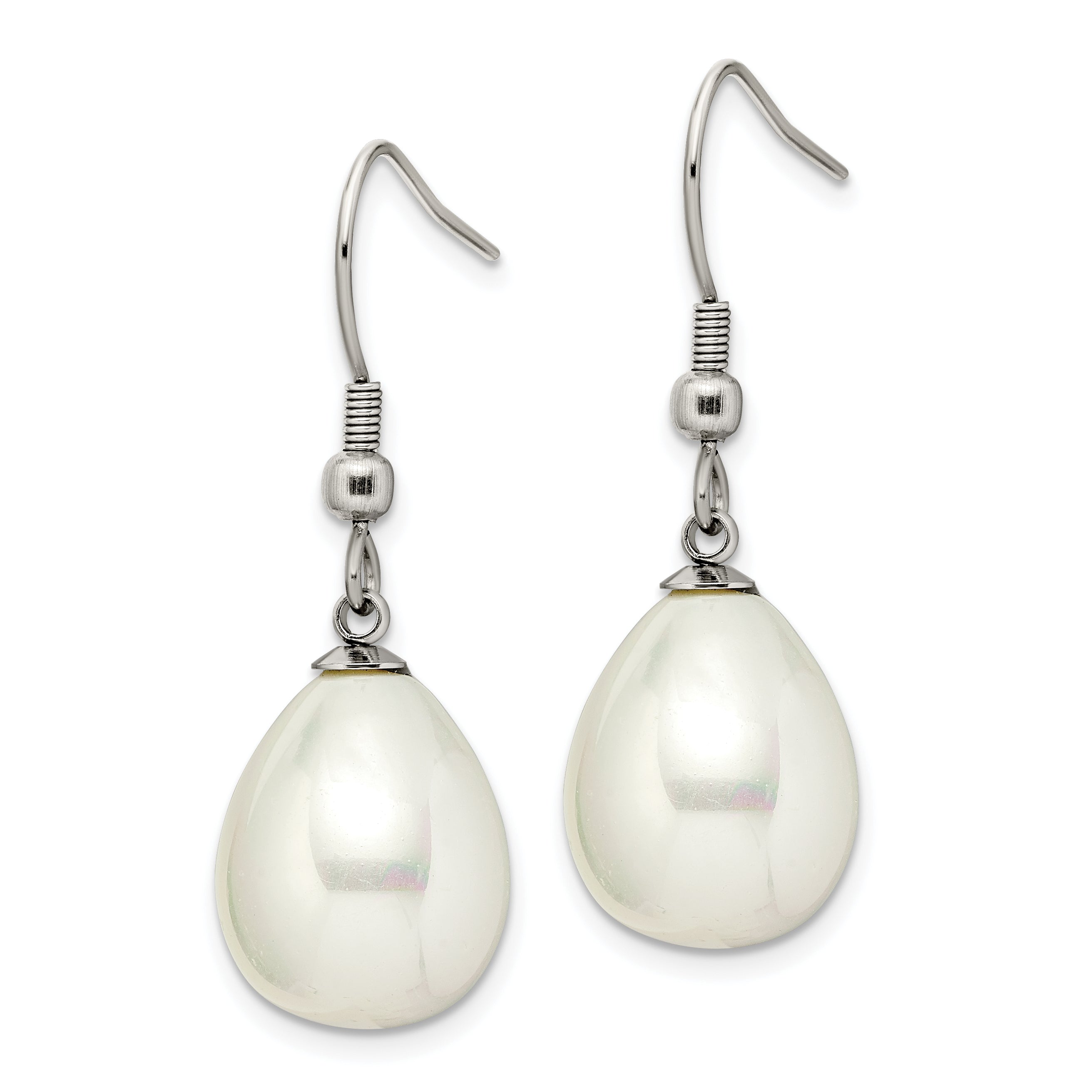 Chisel Stainless Steel Polished Shell Pearl Dangle Shepherd Hook Earrings