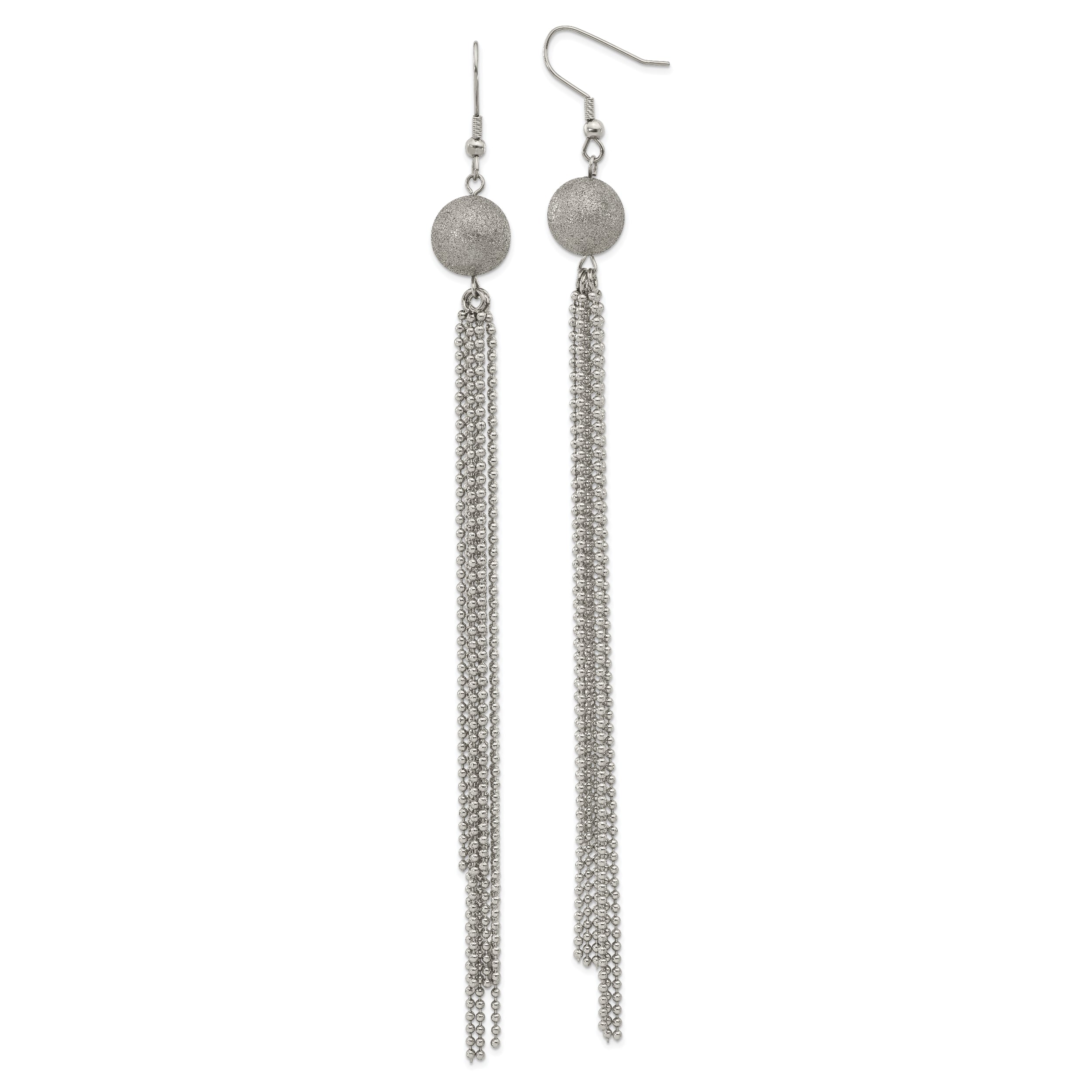 Stainless Steel Polished Laser Cut Bead w/ Tassel Dangle Earrings