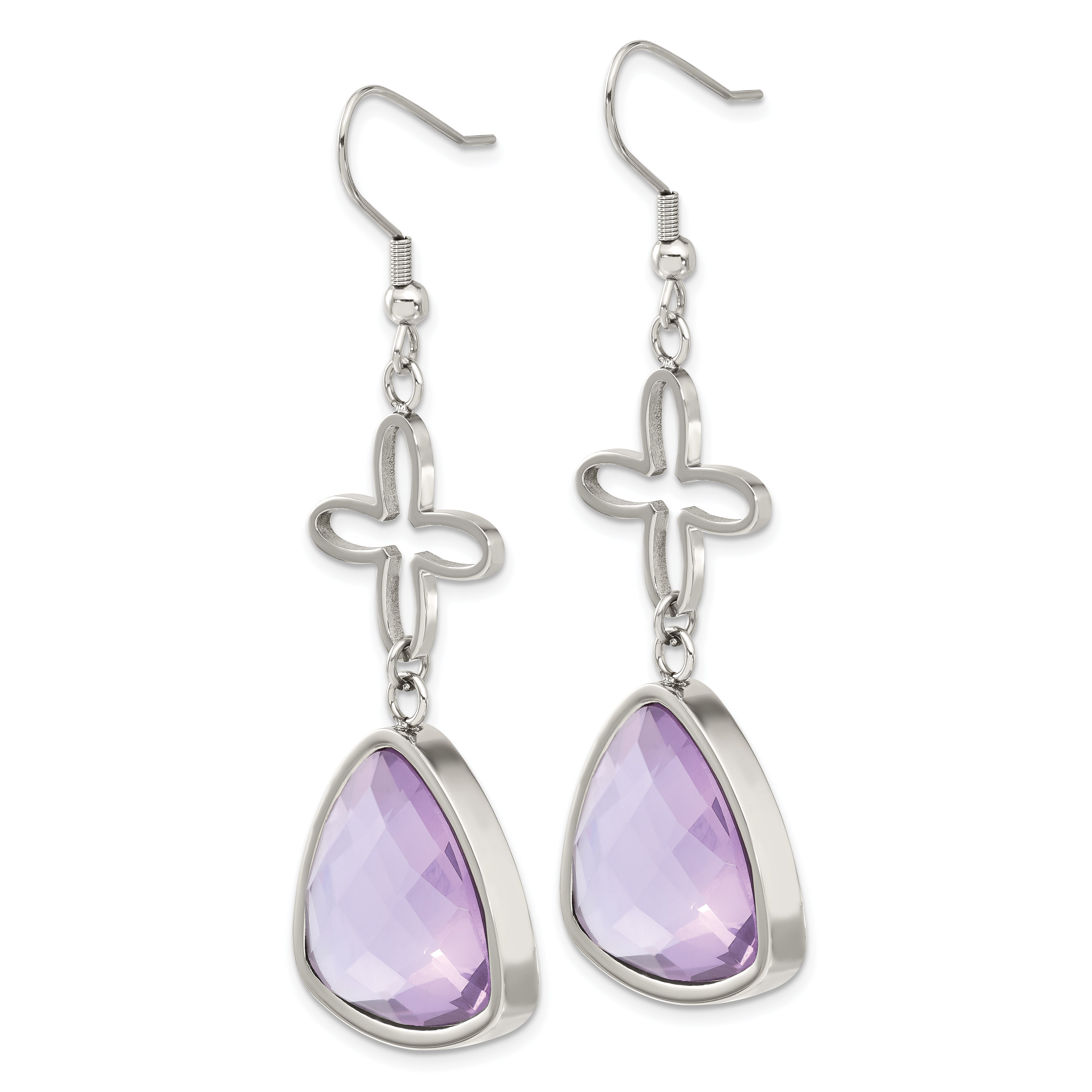 Stainless Steel Polished Flower Purple Glass Shepherd Hook Earrings