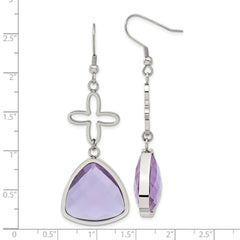 Stainless Steel Polished Flower Purple Glass Shepherd Hook Earrings