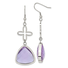 Stainless Steel Polished Flower Purple Glass Shepherd Hook Earrings