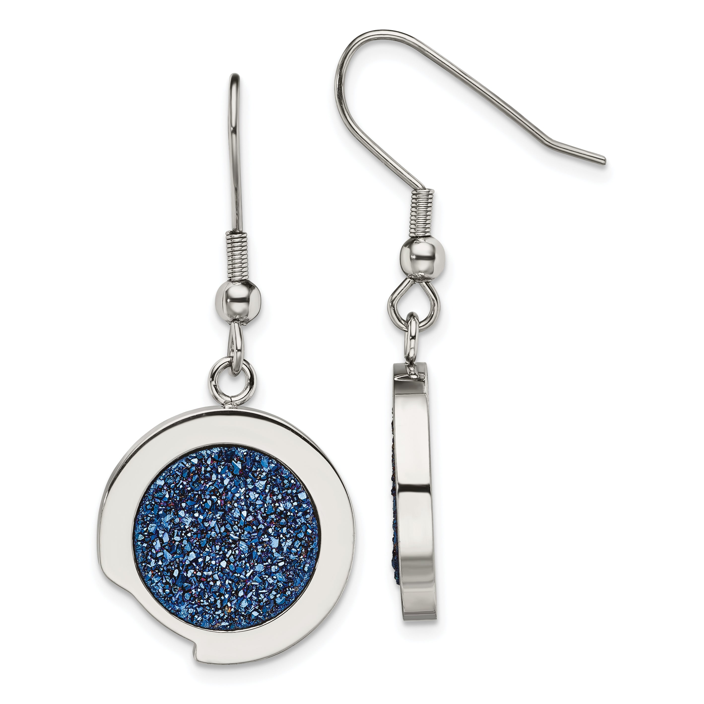 Stainless Steel Polished with Blue Druzy Dangle Shepherd Hook Earrings