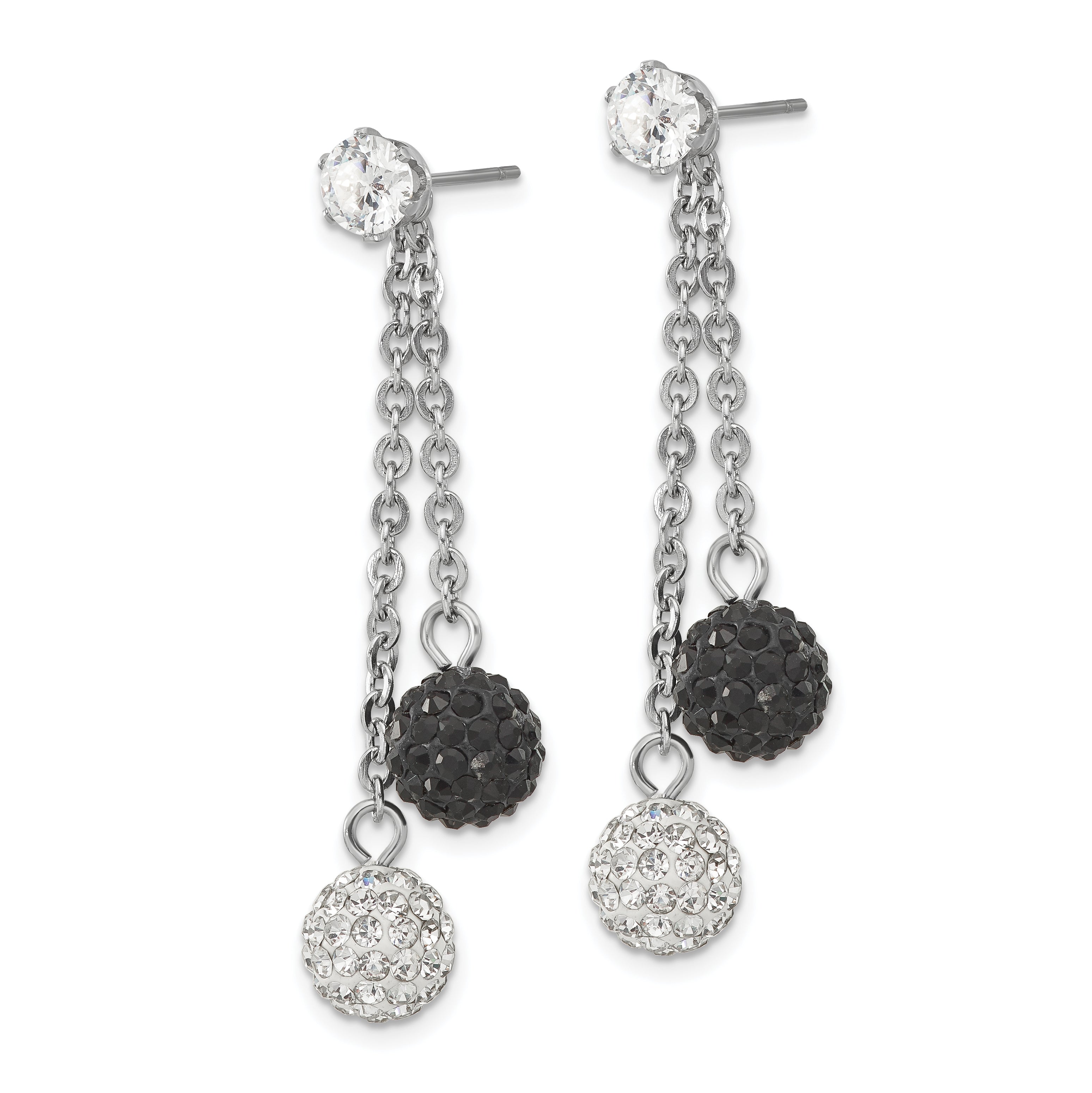 Stainless Steel Polished Black and White Crystal Post Dangle Earrings