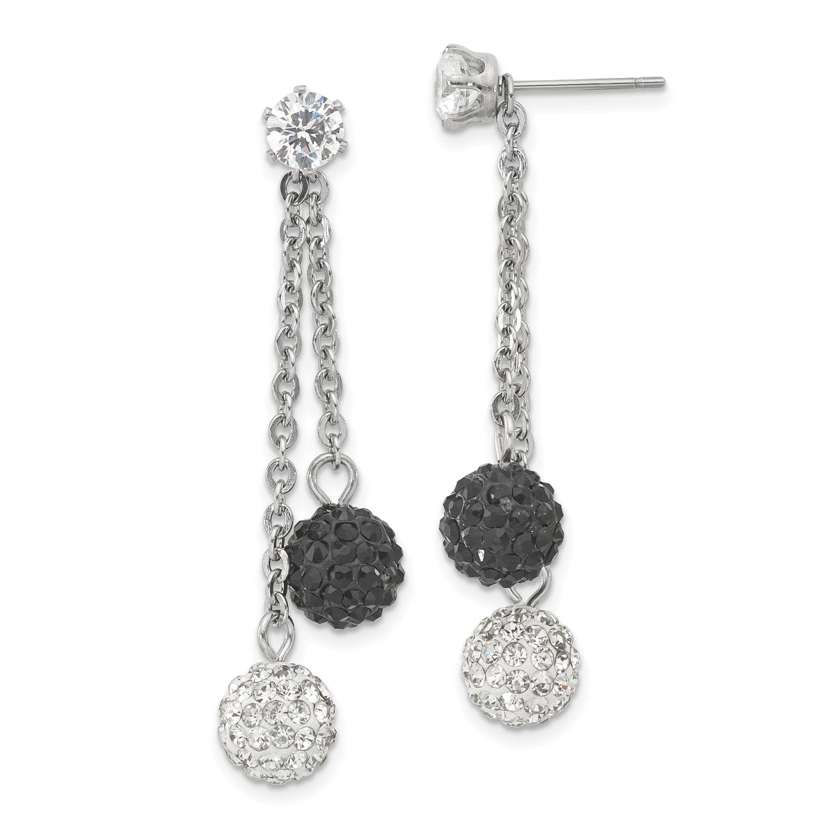 Stainless Steel Polished Black and White Crystal Post Dangle Earrings