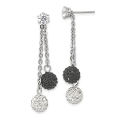 Stainless Steel Polished Black and White Crystal Post Dangle Earrings