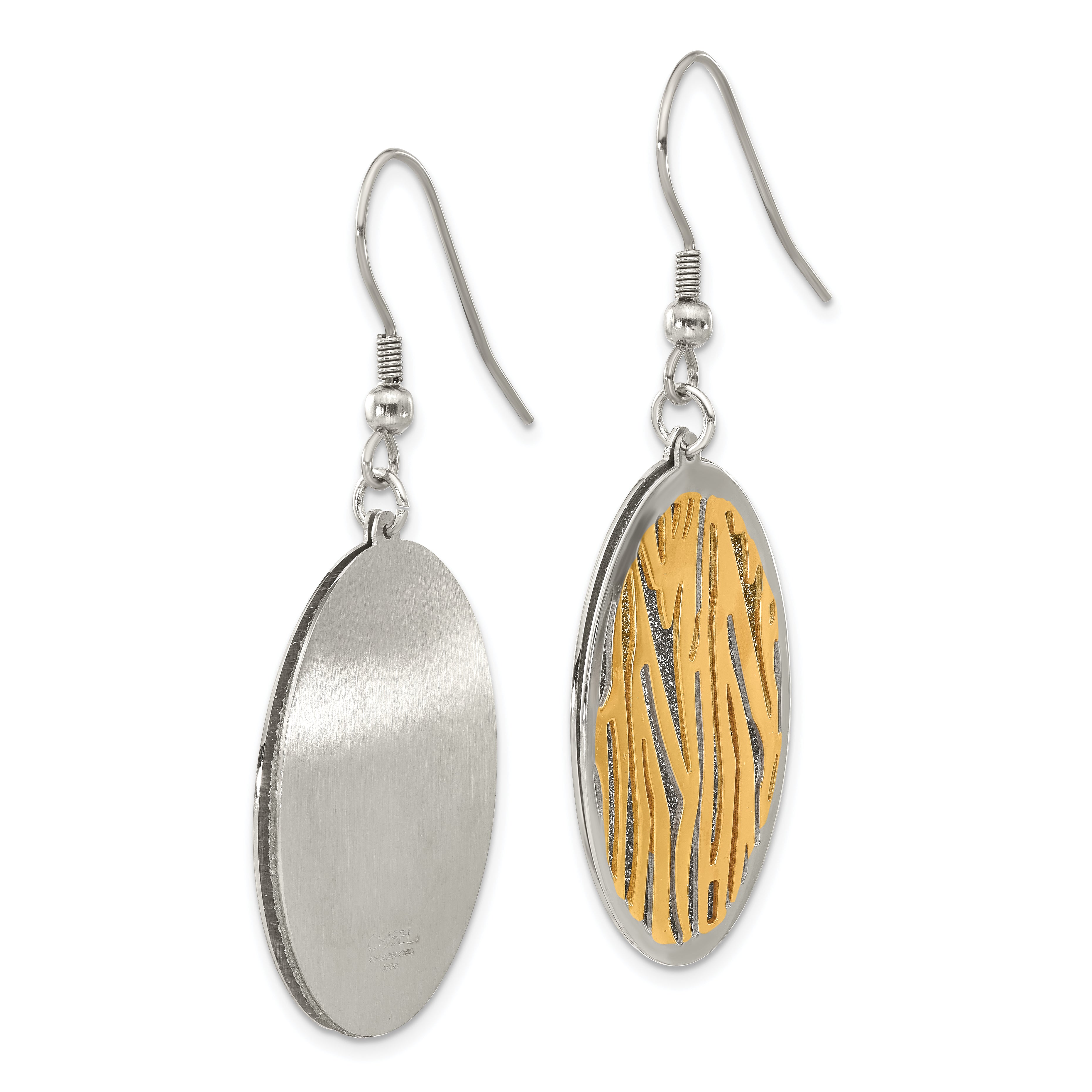 Stainless Steel Yellow & Rose IP-plated Polished Laser Cut Oval Dangle Earrings