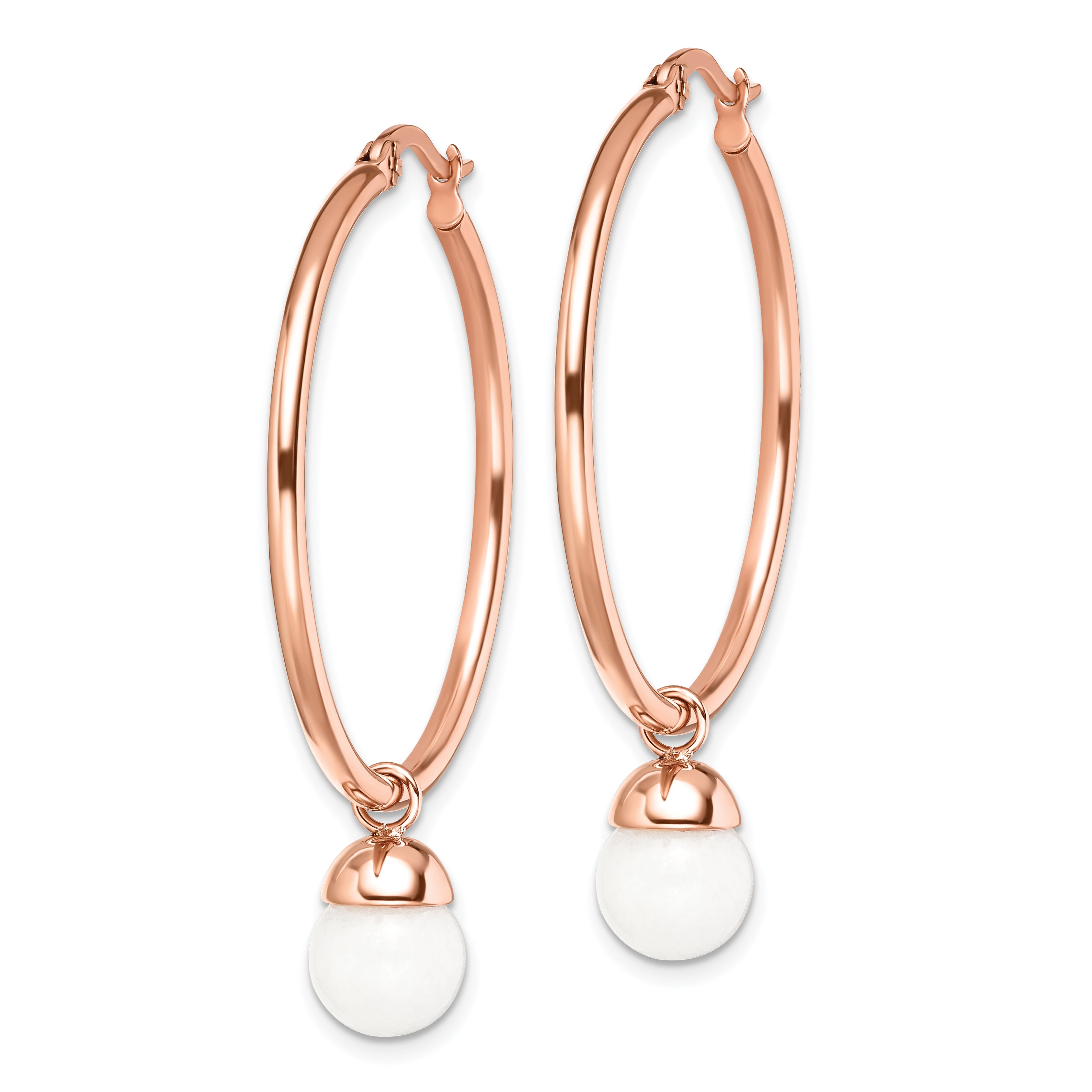 Chisel Stainless Steel Polished Rose IP-plated with White Jade Dangle Hoop Earrings