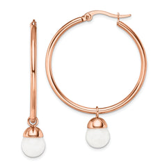 Chisel Stainless Steel Polished Rose IP-plated with White Jade Dangle Hoop Earrings