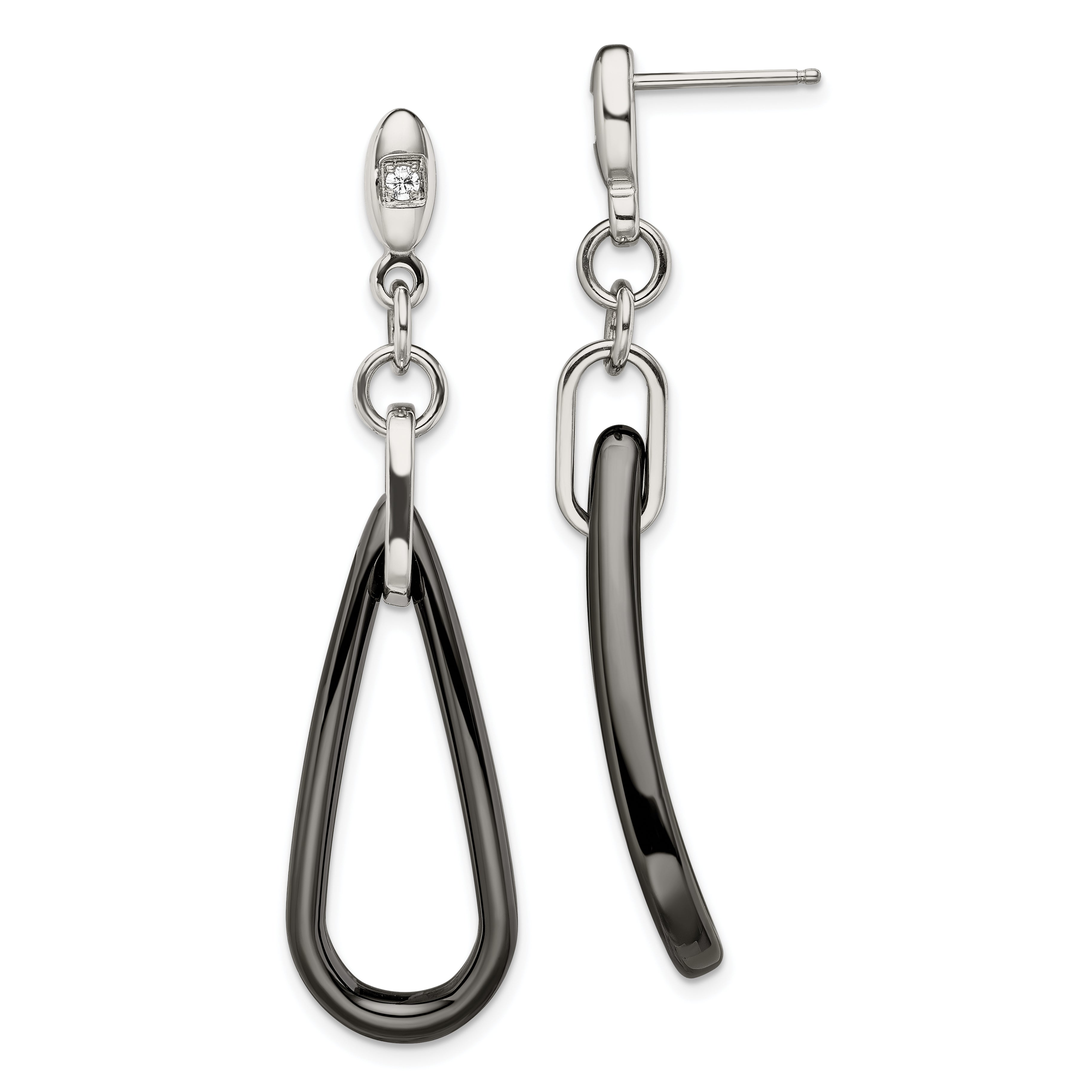 Chisel Stainless Steel Polished with Black Ceramic and CZ Dangle Post Earrings