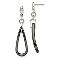 Chisel Stainless Steel Polished with Black Ceramic and CZ Dangle Post Earrings