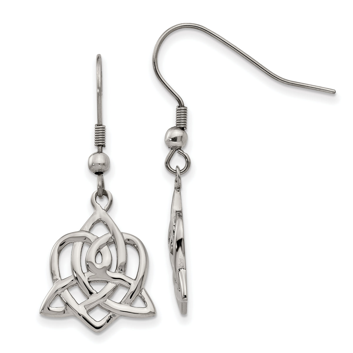 Chisel Stainless Steel Polished Heart Trinity Knot Dangle Shepherd Hook Earrings