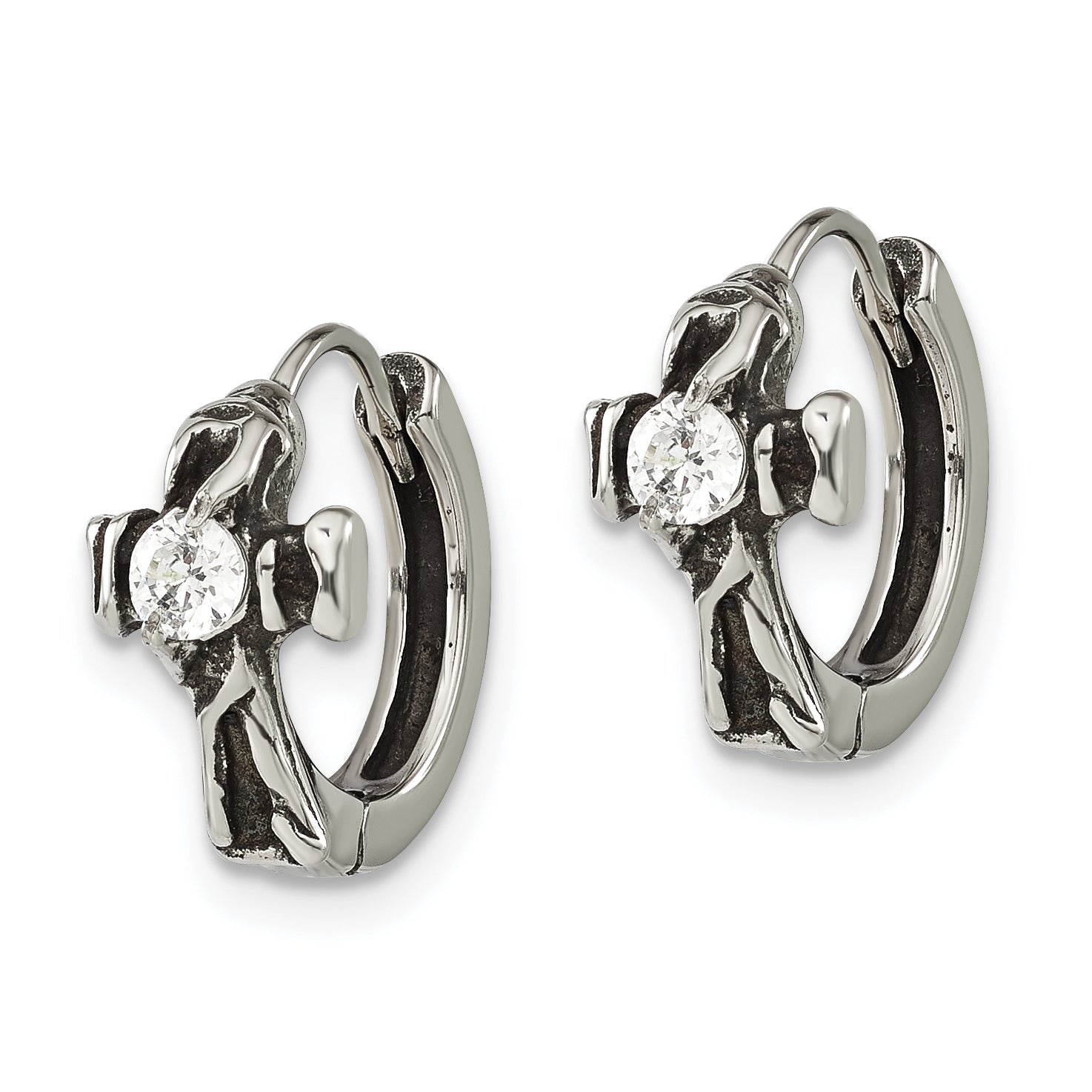 Stainless Steel Antiqued Polished w/ CZ Cross Hinged Hoop Earrings