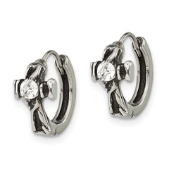 Stainless Steel Antiqued Polished w/ CZ Cross Hinged Hoop Earrings