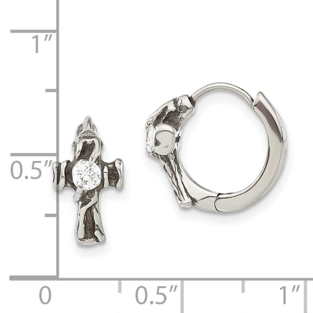 Stainless Steel Antiqued Polished w/ CZ Cross Hinged Hoop Earrings