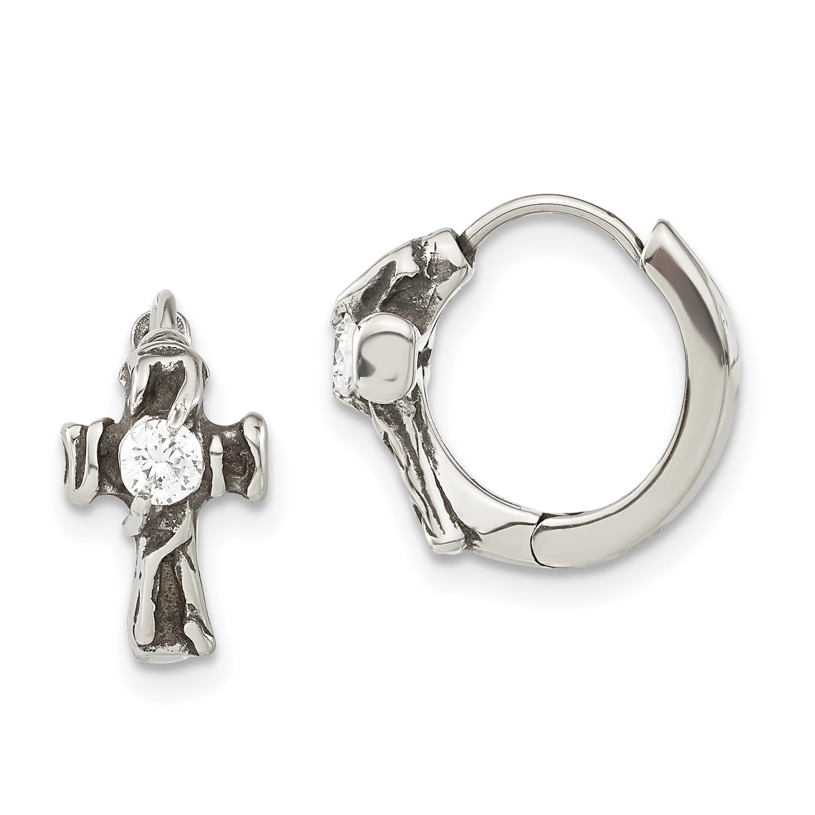 Stainless Steel Antiqued Polished w/ CZ Cross Hinged Hoop Earrings