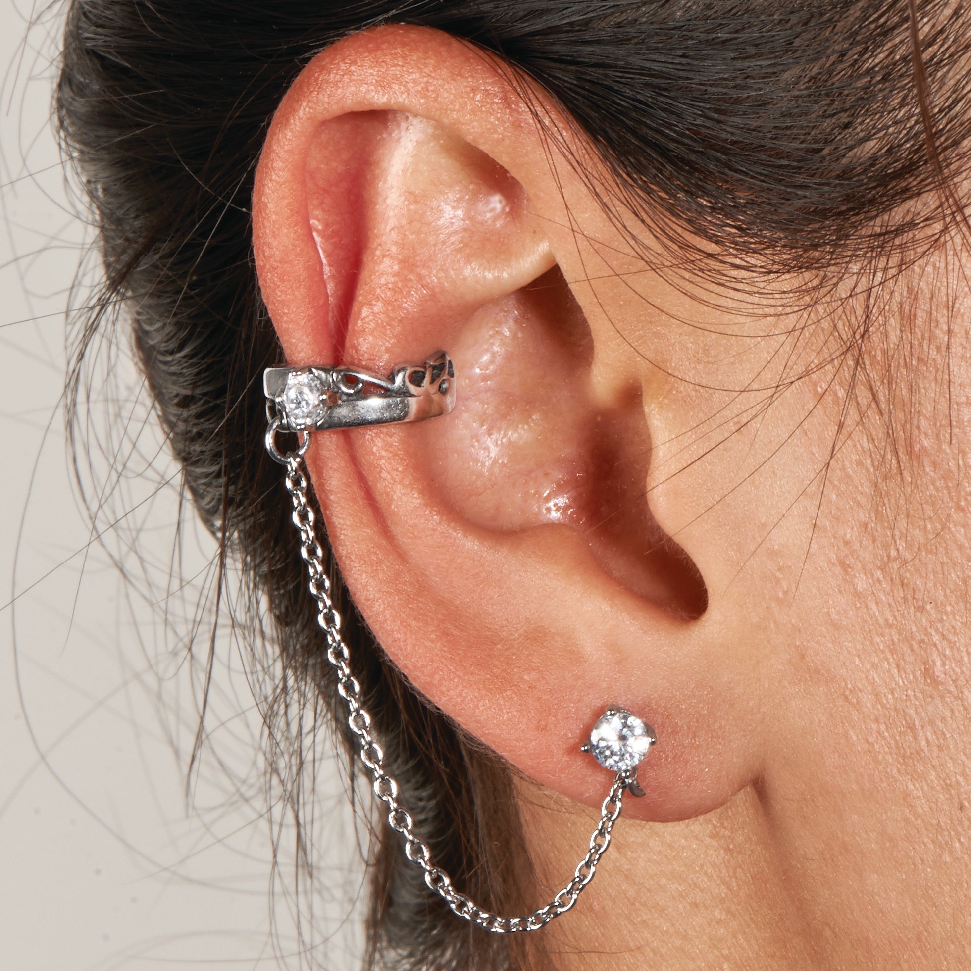 Stainless Steel Antiqued and Polished CZ Cuff Earring (Sold Single)