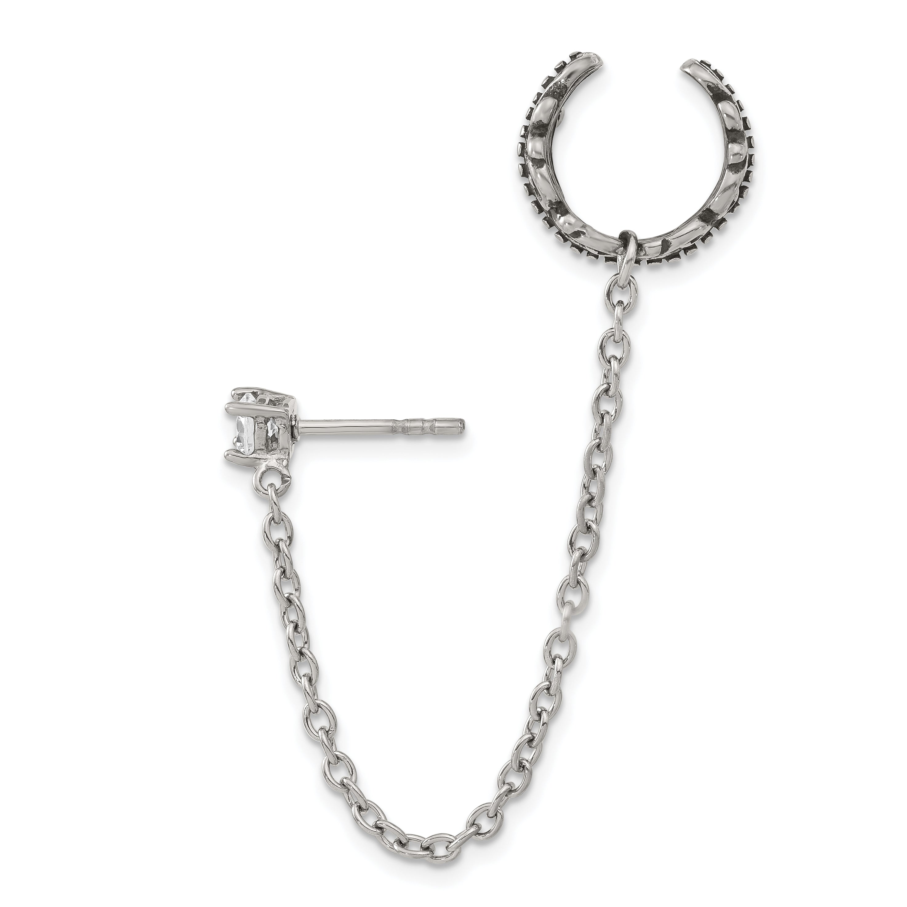 Stainless Steel CZ Ear Climber Cuff with Polished & Antiqued Finish