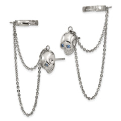 Stainless Steel Polished Earrings w/Hoop Chain Dangle & Blue CZ Post