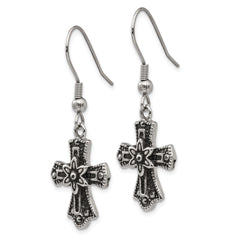 Stainless Steel Antiqued and Polished Black Crystal Cross Dangle Earrings