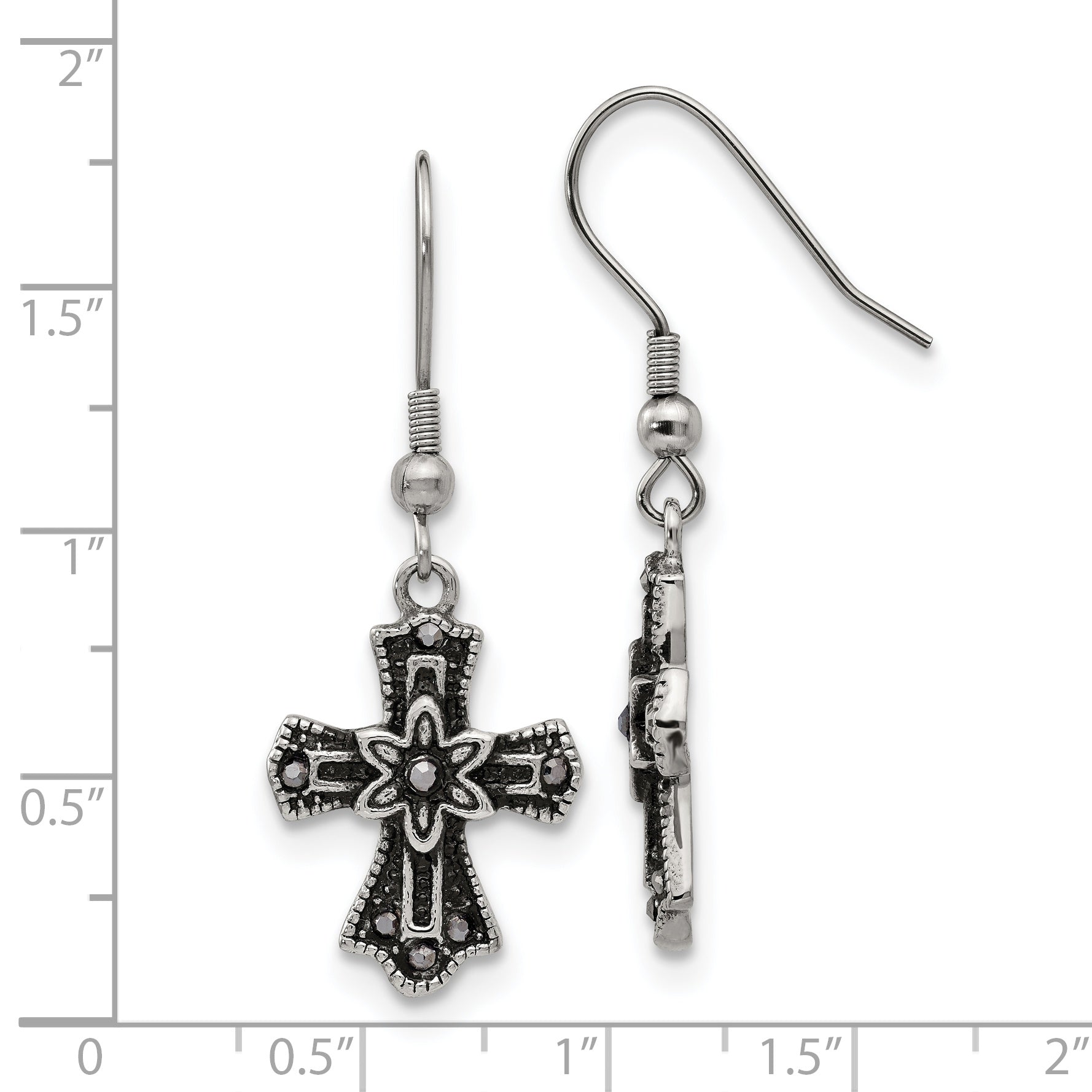 Stainless Steel Antiqued and Polished Black Crystal Cross Dangle Earrings