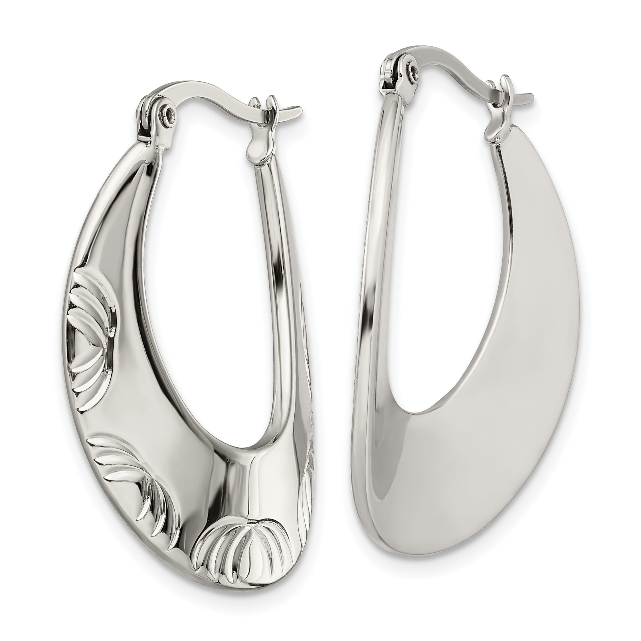 Chisel Stainless Steel Polished and Textured Half Circle Design Hoop Earrings