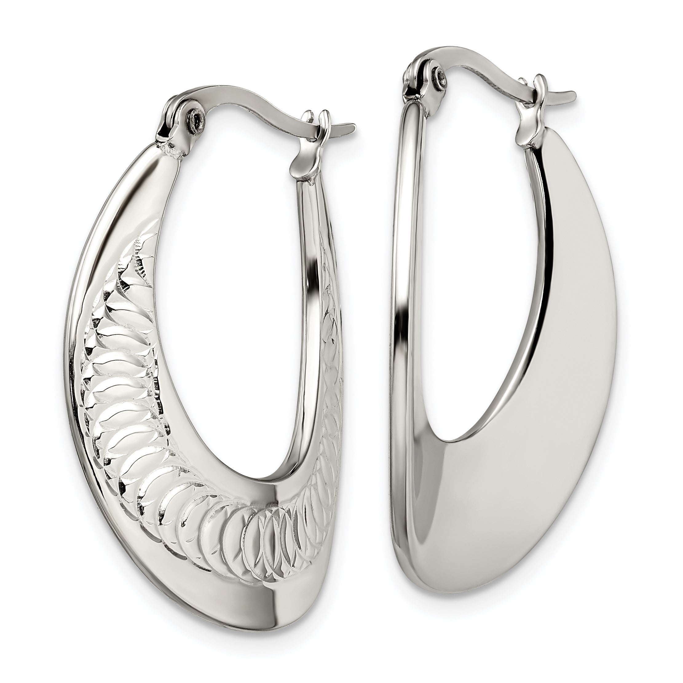 Chisel Stainless Steel Polished and Textured Swirl Hoop Earrings