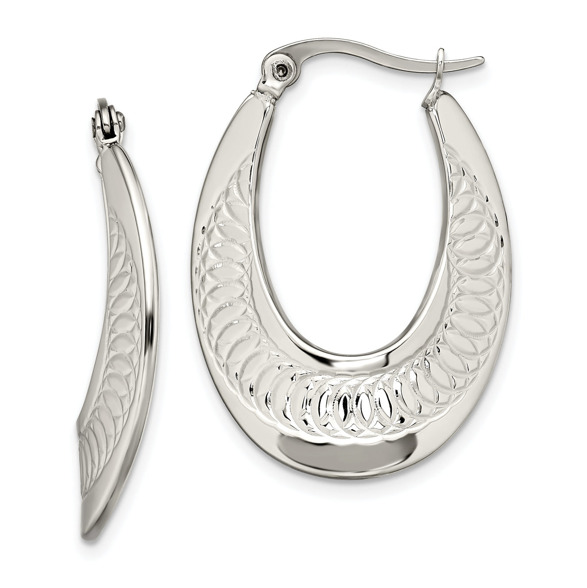 Chisel Stainless Steel Polished and Textured Swirl Hoop Earrings