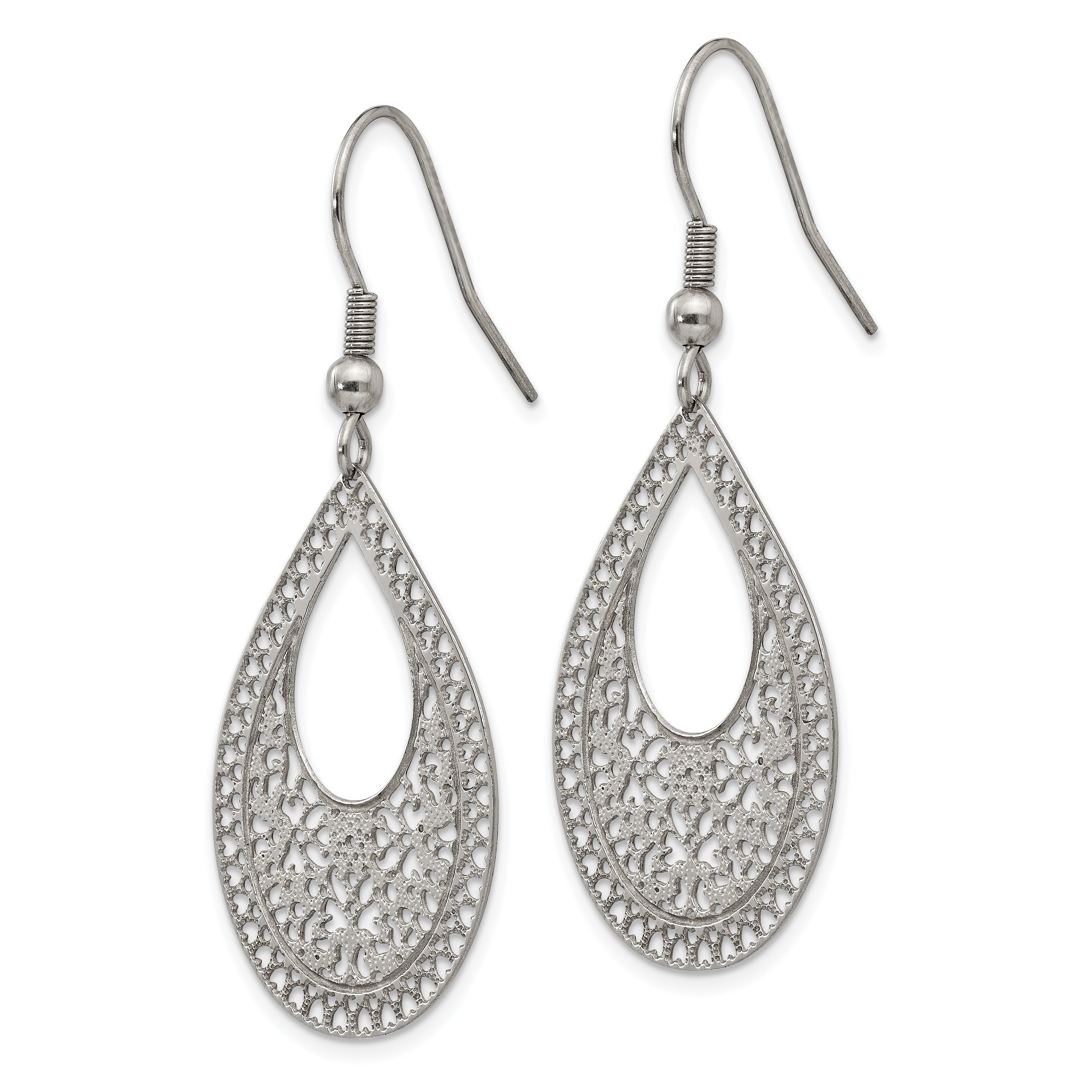 Chisel Stainless Steel Polished Textured Cut-out Design Dangle Shepherd Hook Earrings