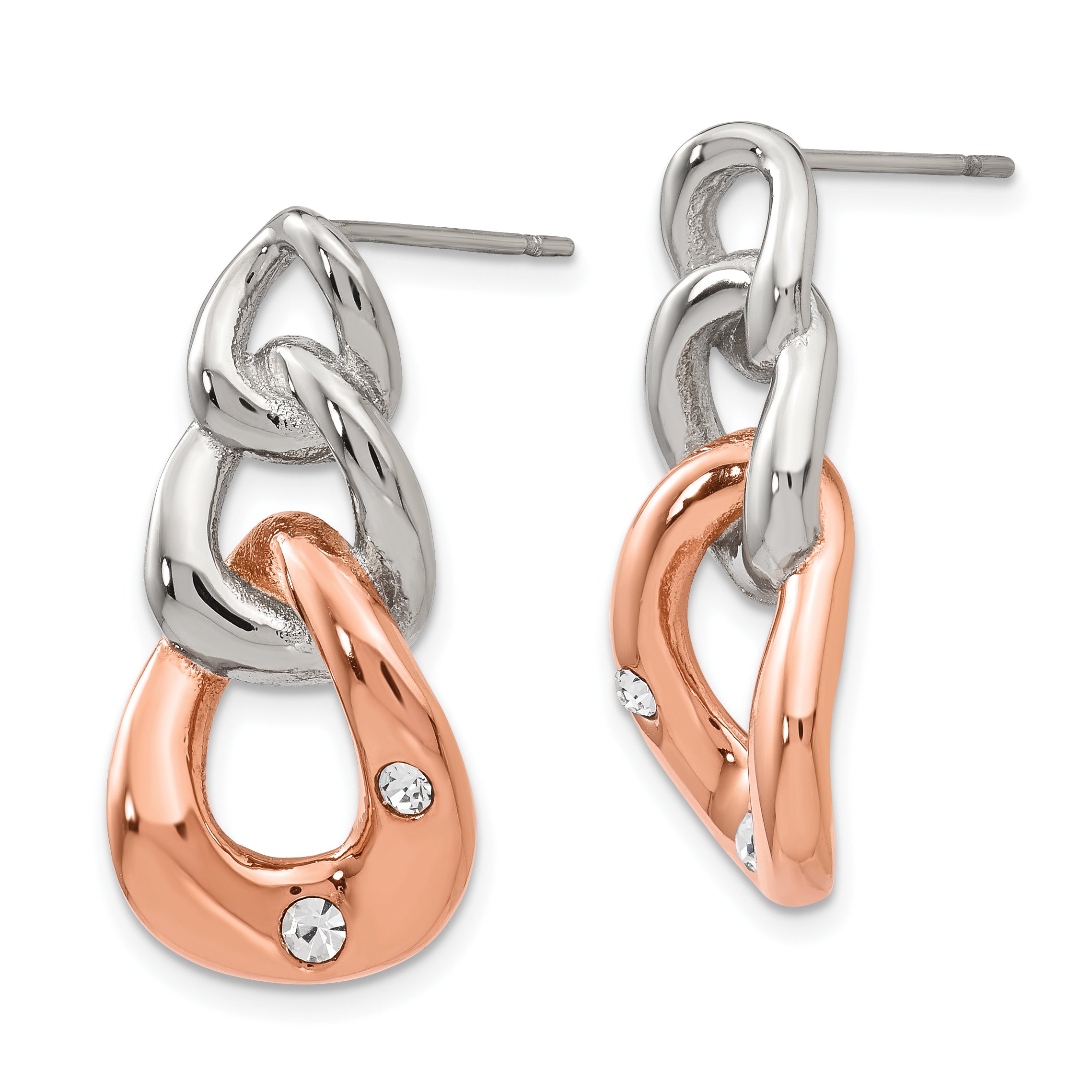 Chisel Stainless Steel Polished Rose IP-plated Loop with Crystal Post Dangle Earrings