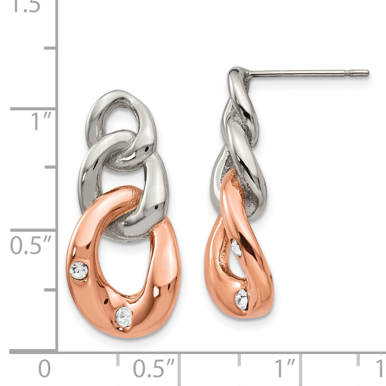 Chisel Stainless Steel Polished Rose IP-plated Loop with Crystal Post Dangle Earrings