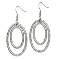 Stainless Steel Polished and Textured Double Oval Dangle Earrings