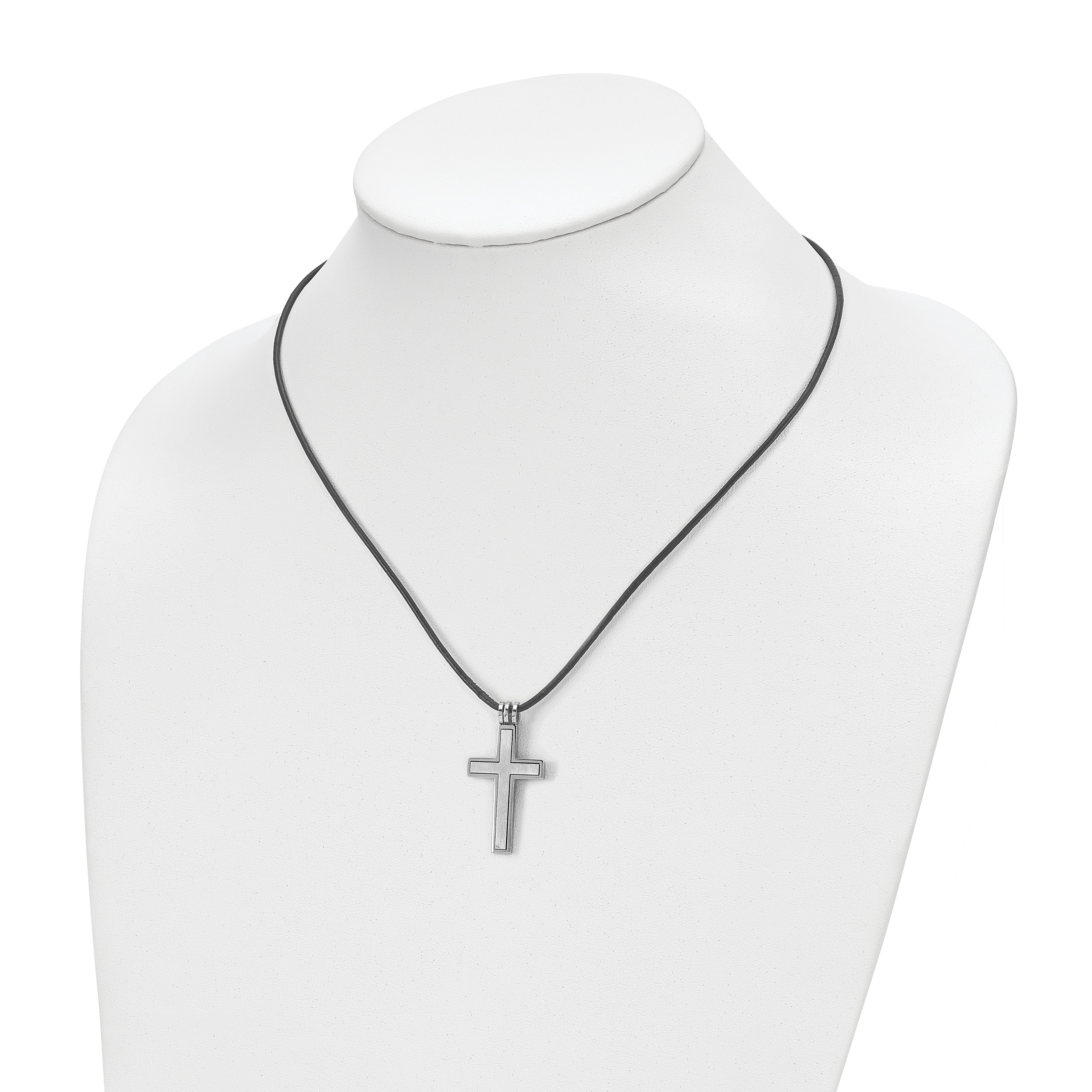 Chisel Stainless Steel Brushed and Polished 2 Piece Movable Cross Pendant on an 18 inch Leather Cord Necklace