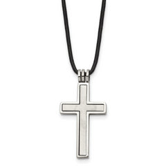 Chisel Stainless Steel Brushed and Polished 2 Piece Movable Cross Pendant on an 18 inch Leather Cord Necklace