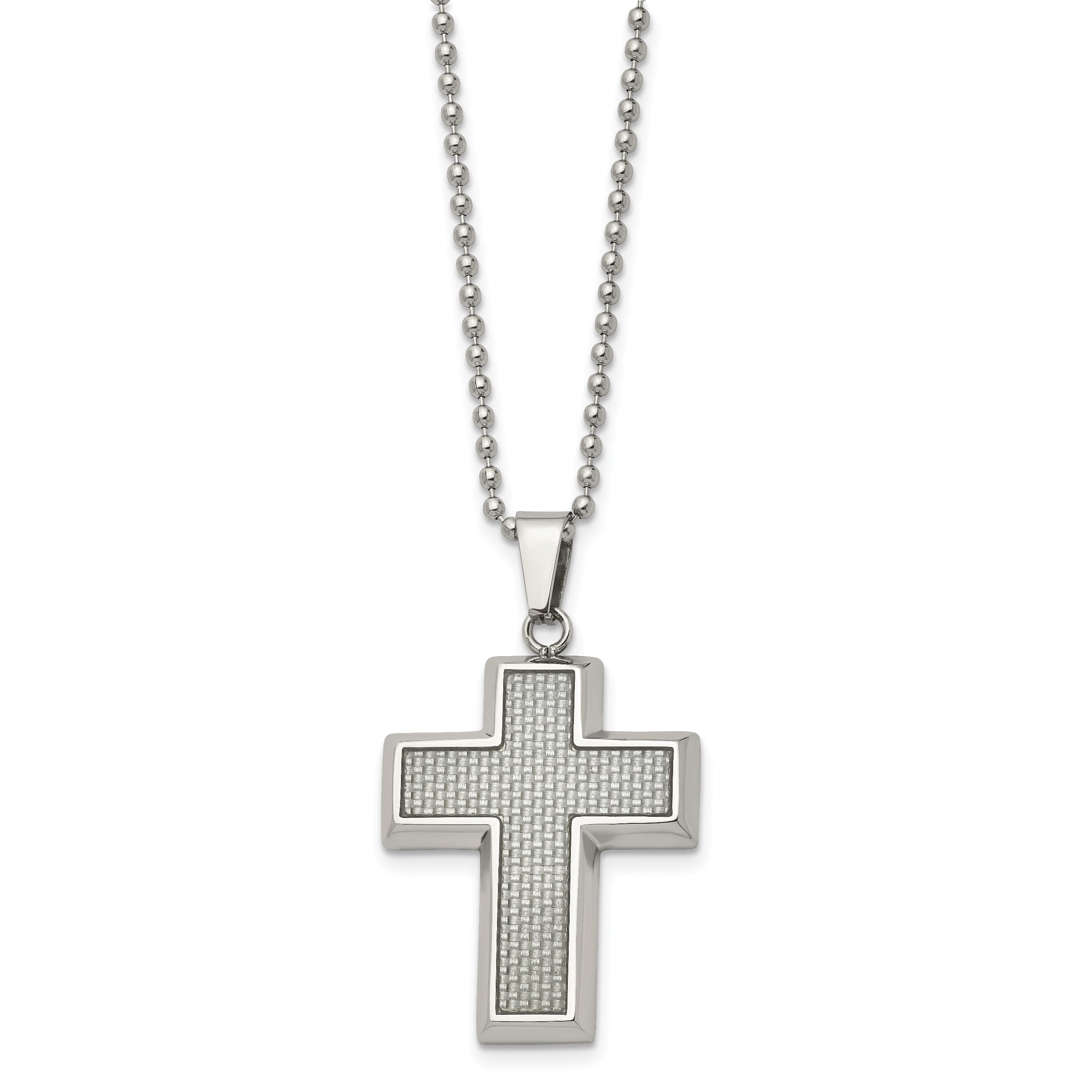 Chisel Stainless Steel Polished with Grey Carbon Fiber Inlay Cross Pendant on a 22 inch Ball Chain Necklace