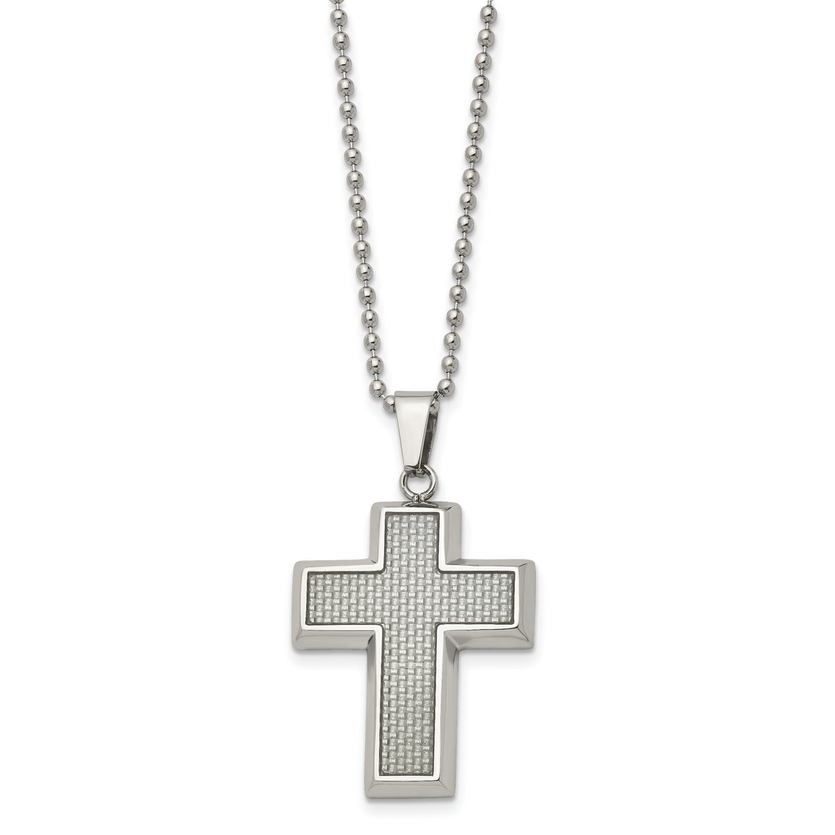 Chisel Stainless Steel Polished with Grey Carbon Fiber Inlay Cross Pendant on a 22 inch Ball Chain Necklace