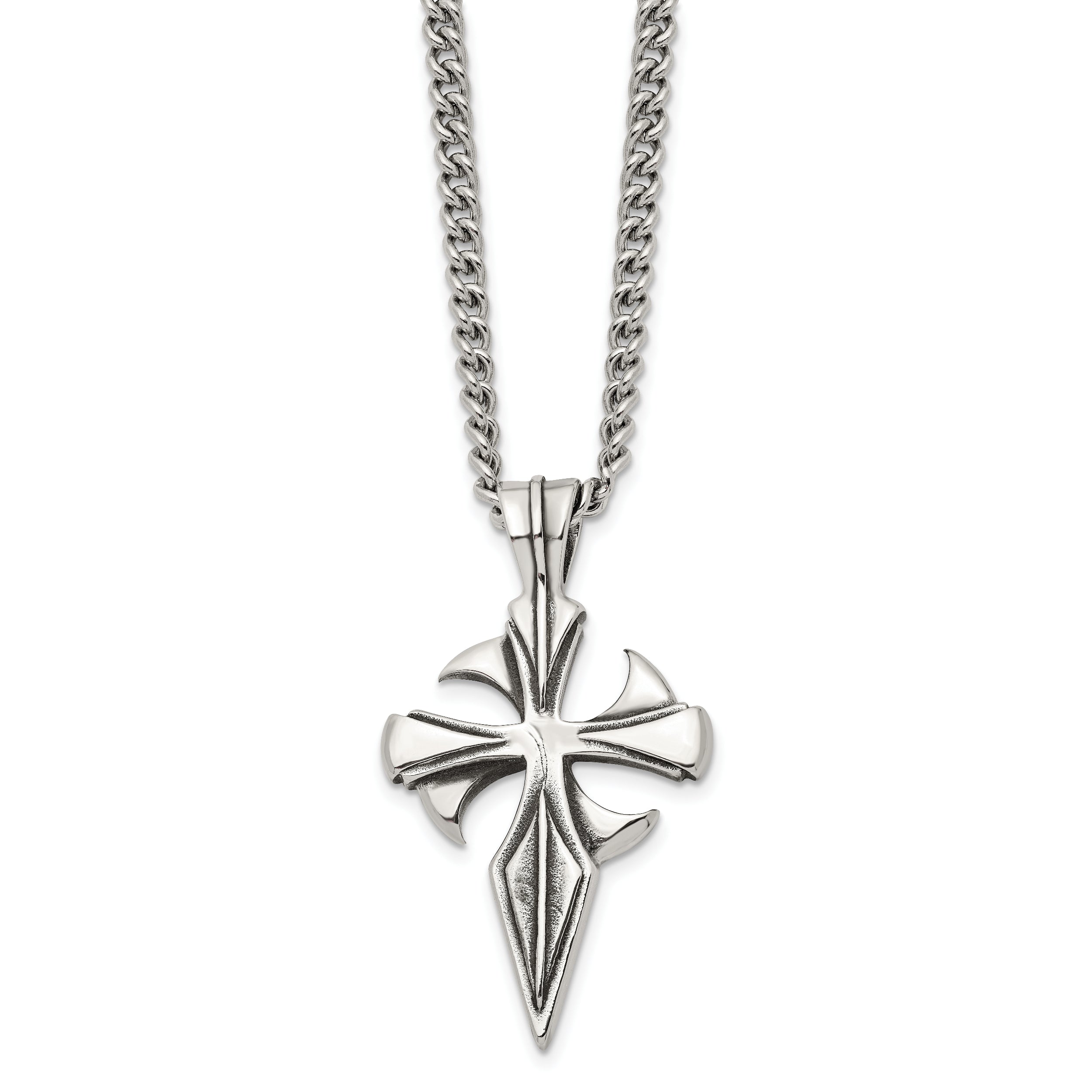 Chisel Stainless Steel Antiqued and Polished Dagger Cross Pendant on a 22 inch Curb Chain Necklace