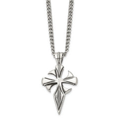 Chisel Stainless Steel Antiqued and Polished Dagger Cross Pendant on a 22 inch Curb Chain Necklace