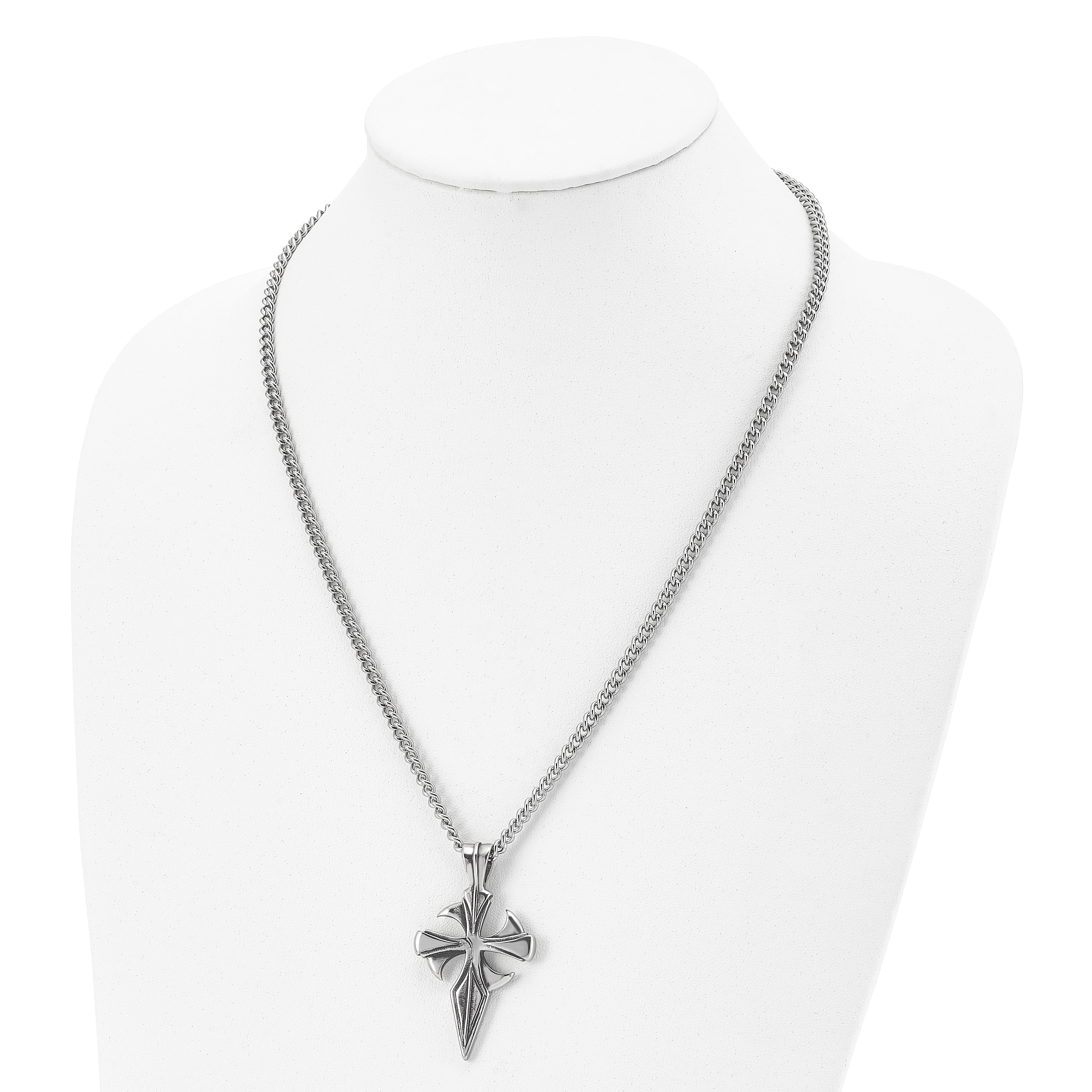 Stainless Steel Dagger Cross Pendant Necklace with Polished Antiqued Finish